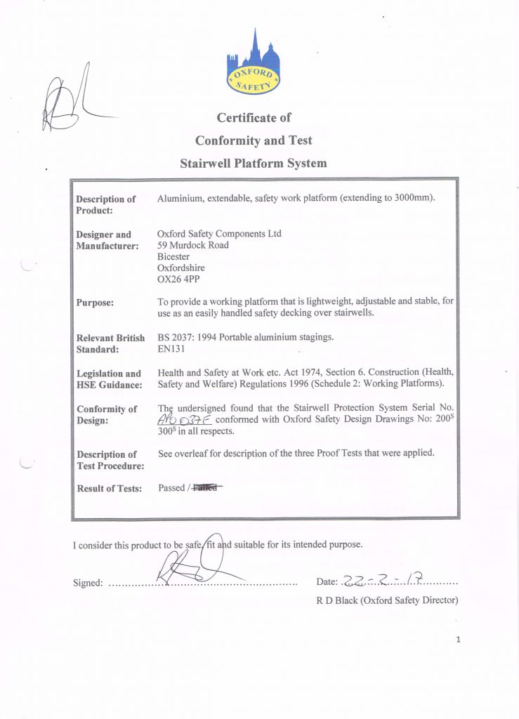 Oxford Stairway Platform System method-of-use data sheet, page 1